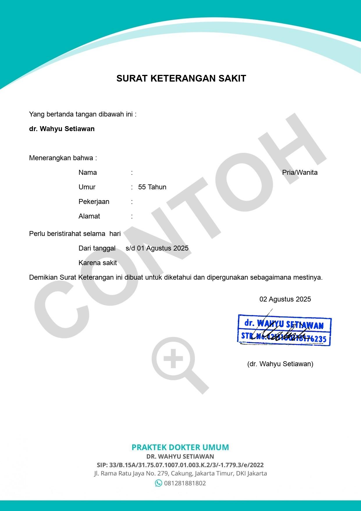 contoh surat ijin sakit dokter