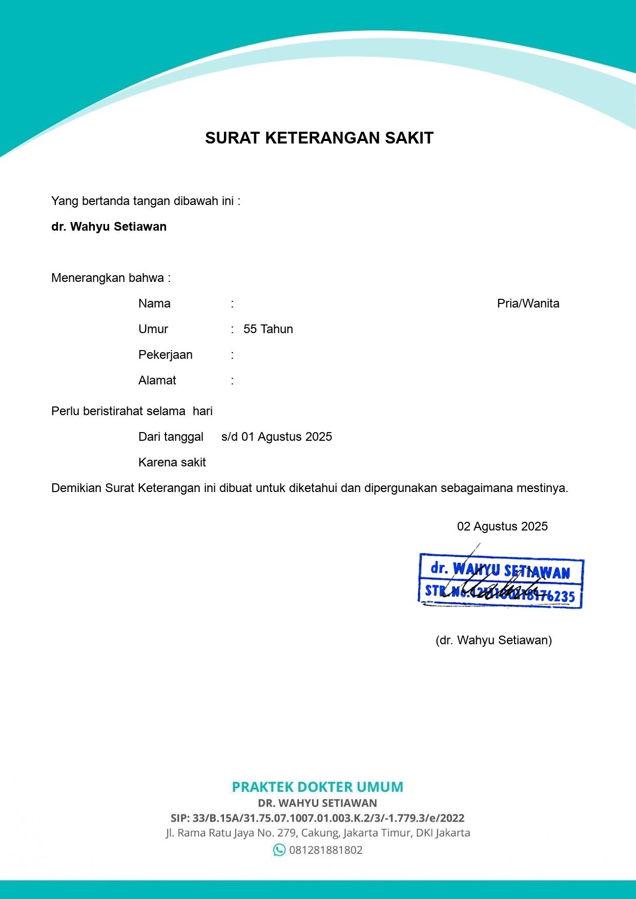 contoh surat ijin sakit dokter